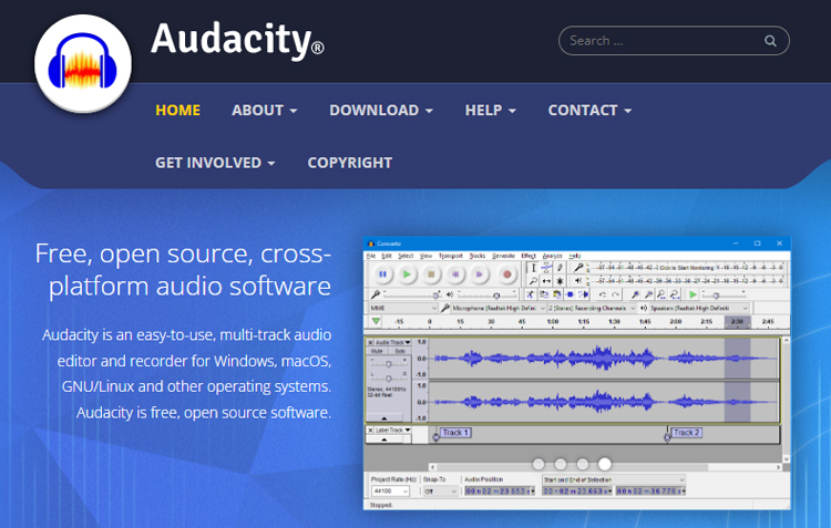 pagina iniziale del sito web di audacity