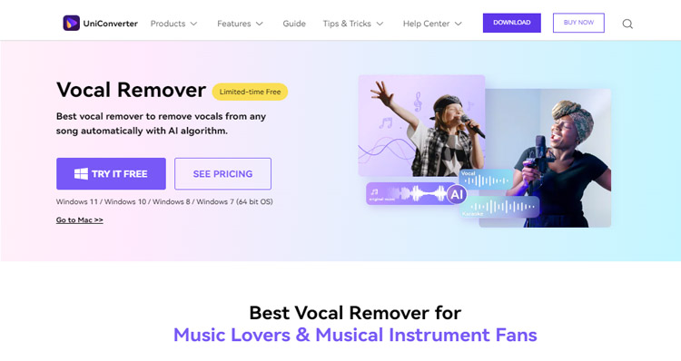 uniconverter vocal remover website page