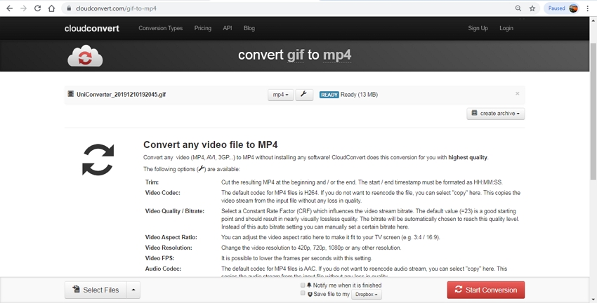 Turn GIF into MP4-Cloud Convert