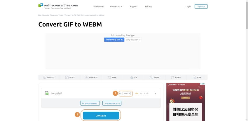 Make WebM from GIF in OnlineConvertFree