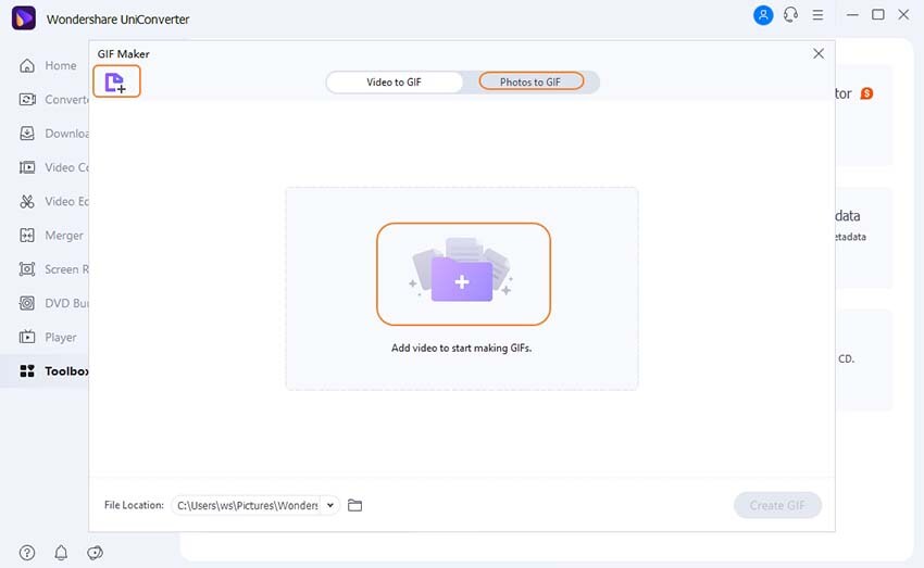 Select add photo or video to make a unique GIF