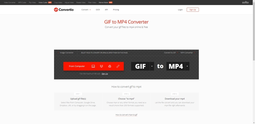 turn GIFs to MP4 in Convertio