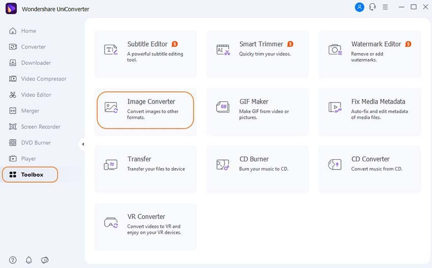 klik toolbox dan opsi konverter foto di UniConverter 