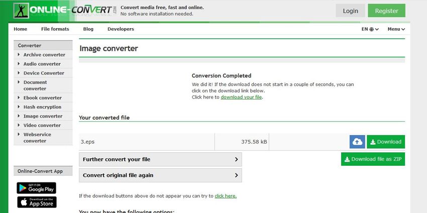 finish convert and download-Online Convert