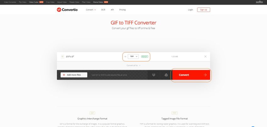 choose TIFF as output format and convert-Convertio