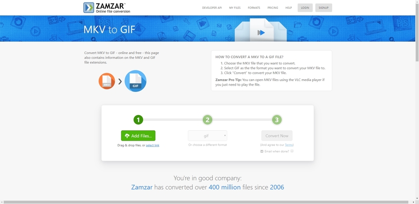 change MKV to GIF format in Zamzar
