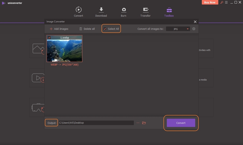 Click Convert FOR PEF to JPEG-UniConverter