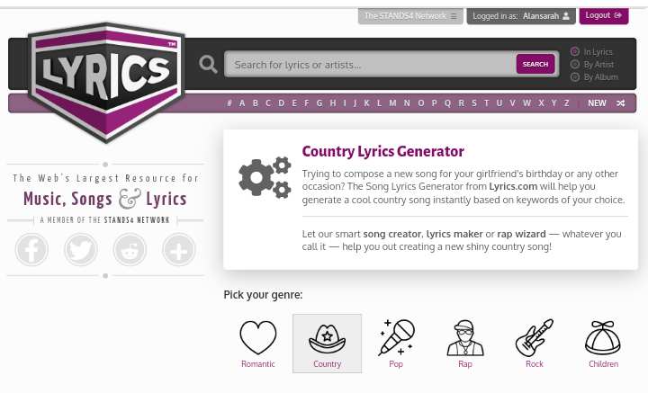 select music genre on lyric generator online tool