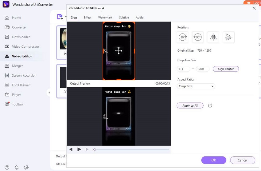 import tiktok video to crop on wondershare uniconverter