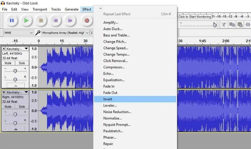 seleziona effetto e inverte il caricamento del karaoke su Audacity