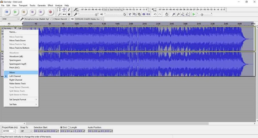 atur setiap saluran terpisah ke mono di audacity