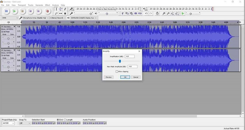 aumenta il valore della versione karaoke su Audacity