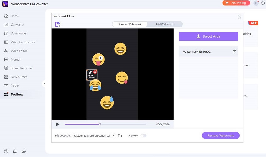 select area to remove tiktok watermark on wondershare uniconverter