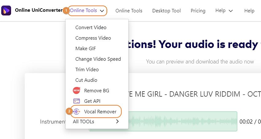 select vocal remover feature on Online UniConverter