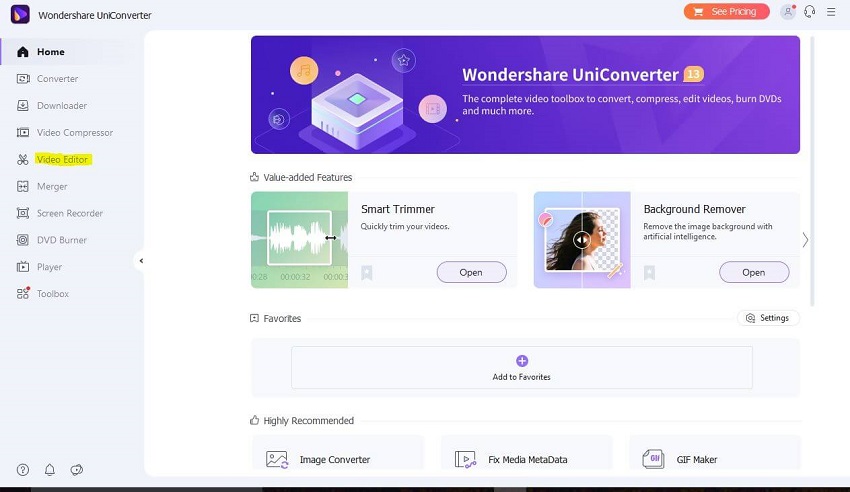 selecione a opção de editor de vídeo no aplicativo para desktop do wondershare uniconverter