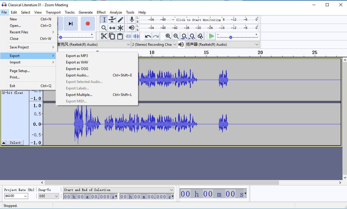 extract audio from Audacity - export