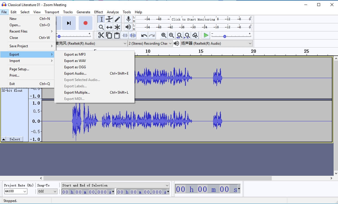 extraire de l'audio d'Audacity - exporter