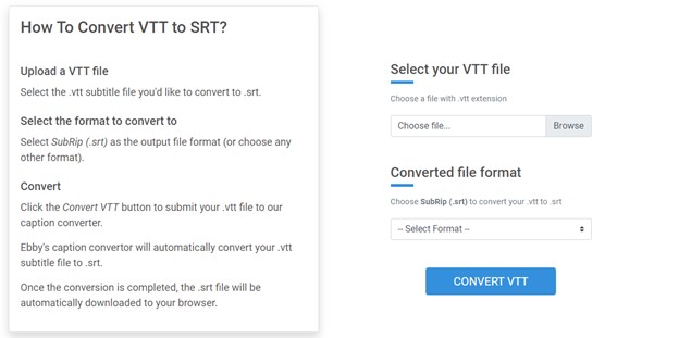 convert VTT subtitle file to SRT format in Ebby Subtitle Tools Converter