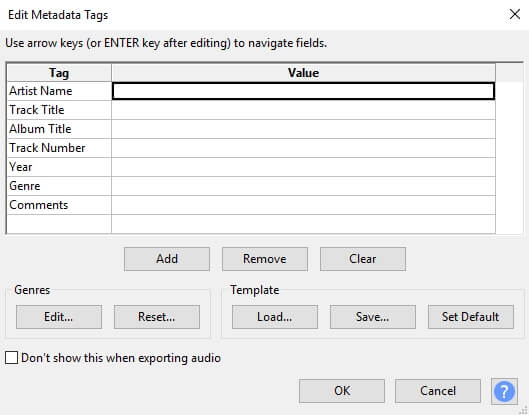 extract audio from Audacity - edit the meta data about extracted audio