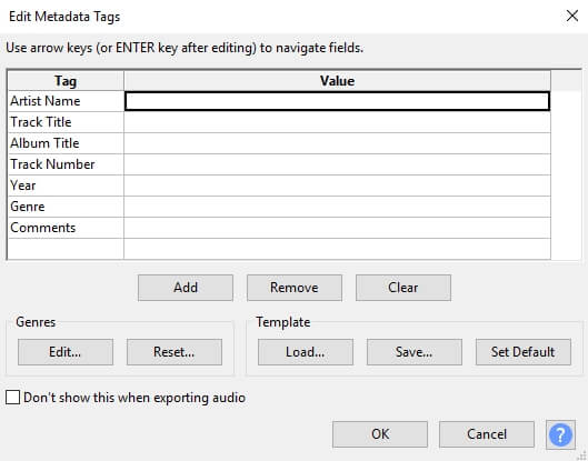 extrair áudio do Audacity - editar os metadados sobre o áudio extraído