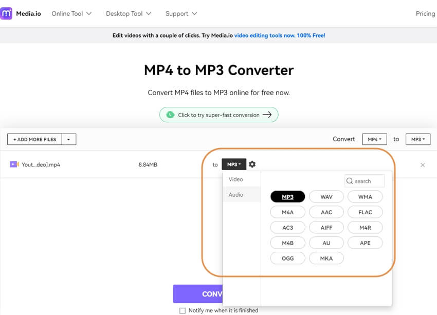 Select Output Format as MP3 in Online Video Converter