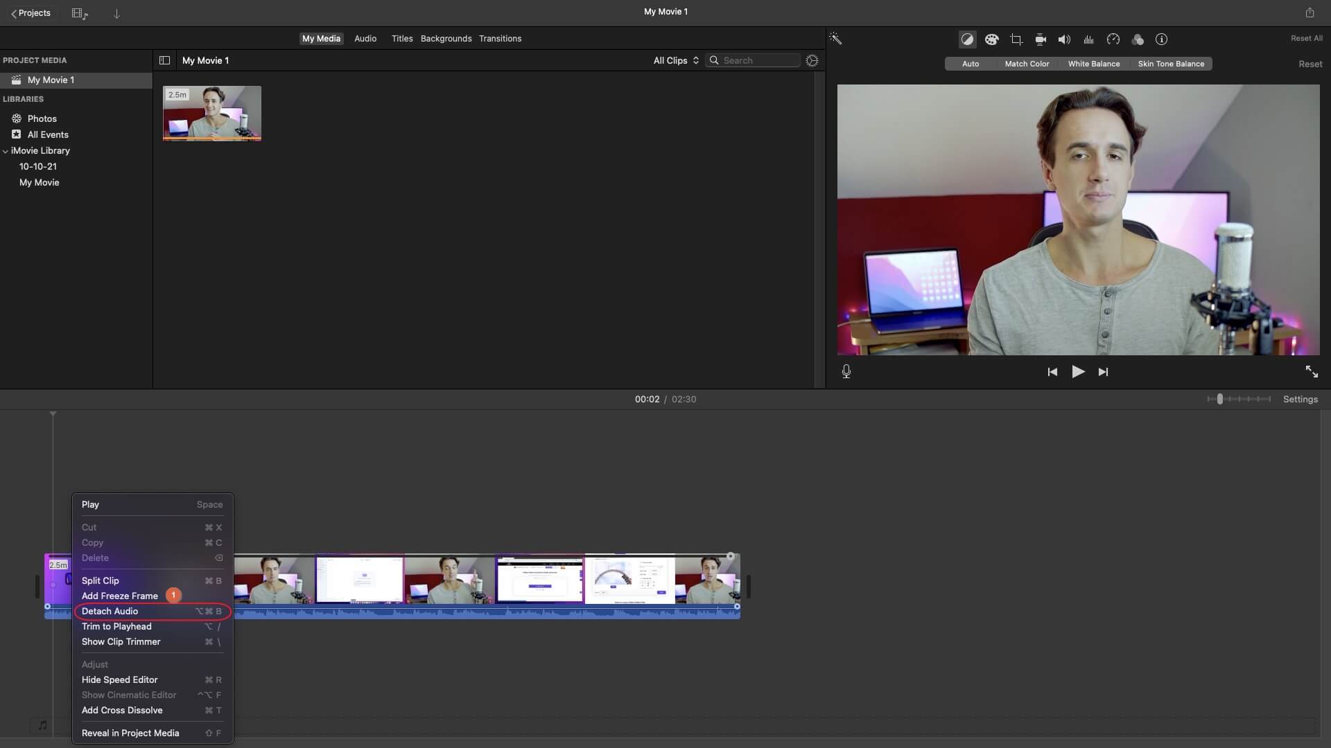 reverse YouTube video with iMovie: detach audio from video