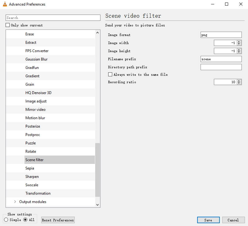 set up mp4 video to jpg images filter in vlc