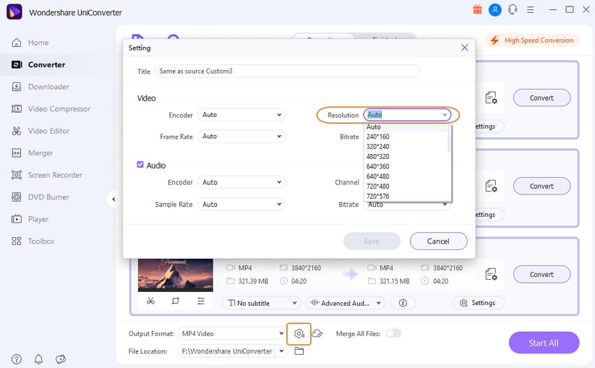 select video resolution on uniconverter desktop software