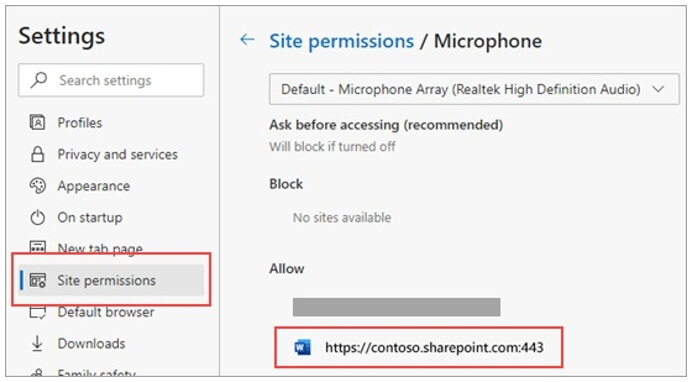 MS word online transcribe: grant microphone permission
