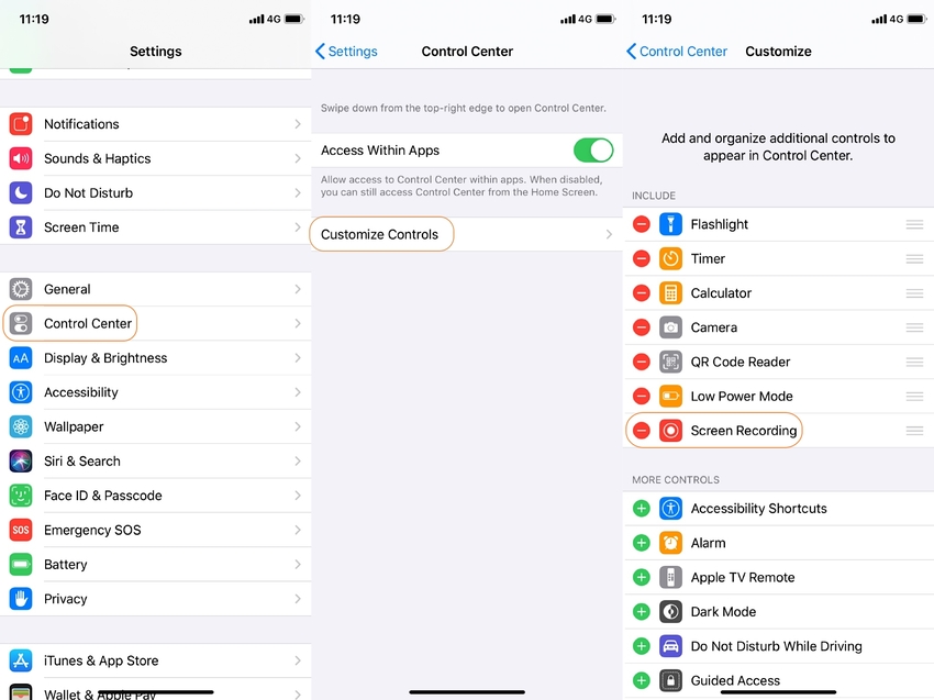 Open iPhone Settings for Screen Record Feature