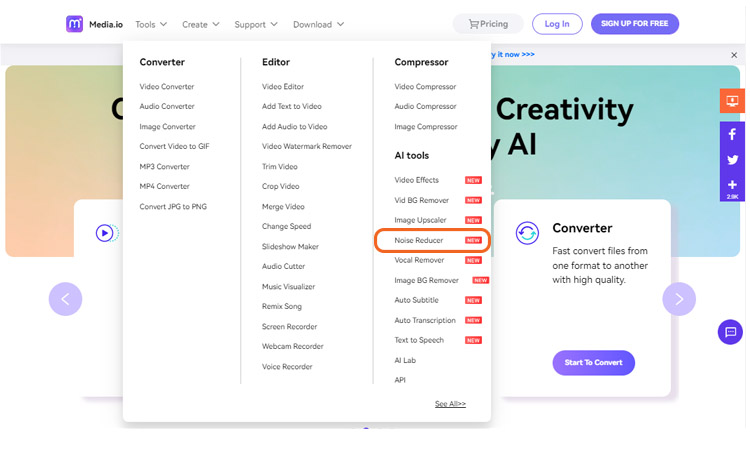 open the noise reducer tool at media.io