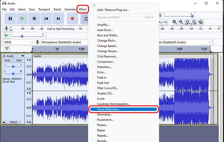 apply the noise reduction on audacity