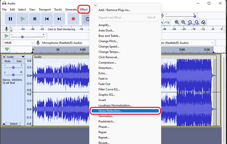 applicare la riduzione del rumore su audacity