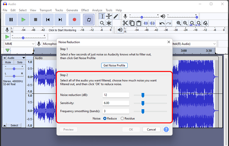 set and adjust the noise reduction level