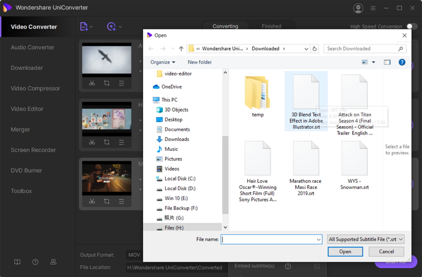 Browse Subtitle File to UniConverter