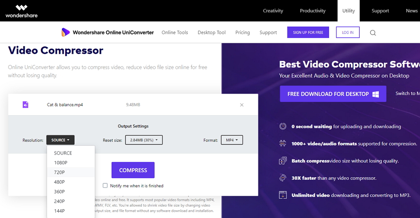 Select the Video Size and Format in Online UniConverter