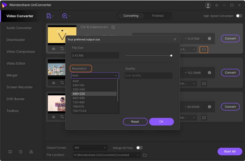 Click Video Resolution Feature in UniConverter