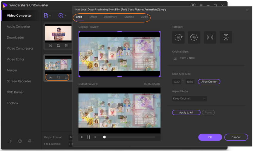 click edit icons to edit your video in UniConverter
